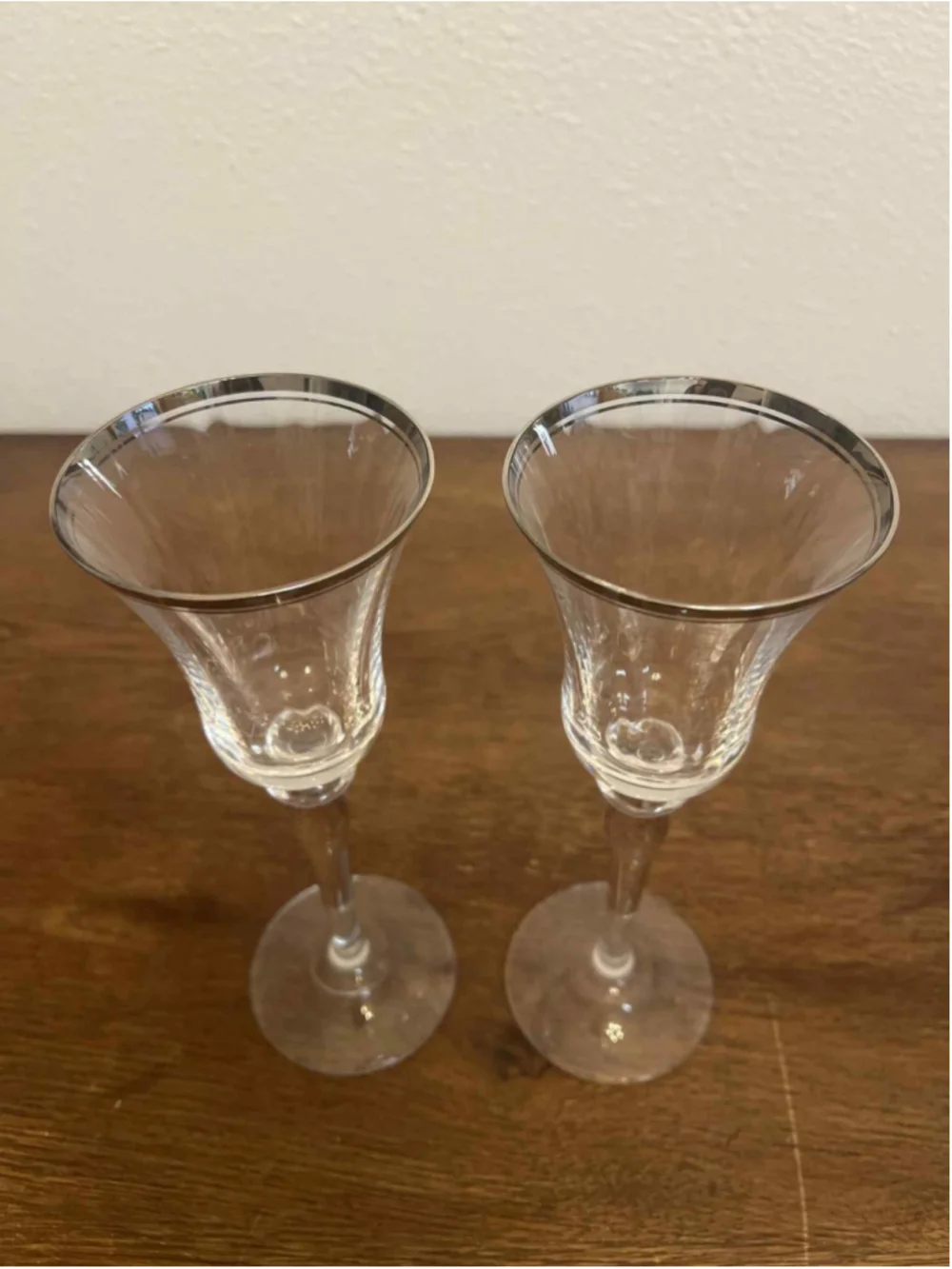 Pair of Vintage Silver Rimmed Crystal Stem Glasses 8.5” Tall Elegant Barware